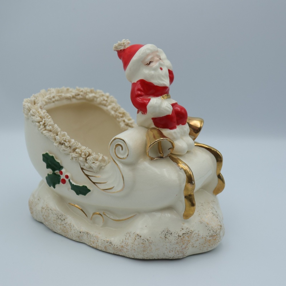 Vintage Napco Spaghetti Christmas Santa Grandma Sleigh Planter Candy Dish 1950s